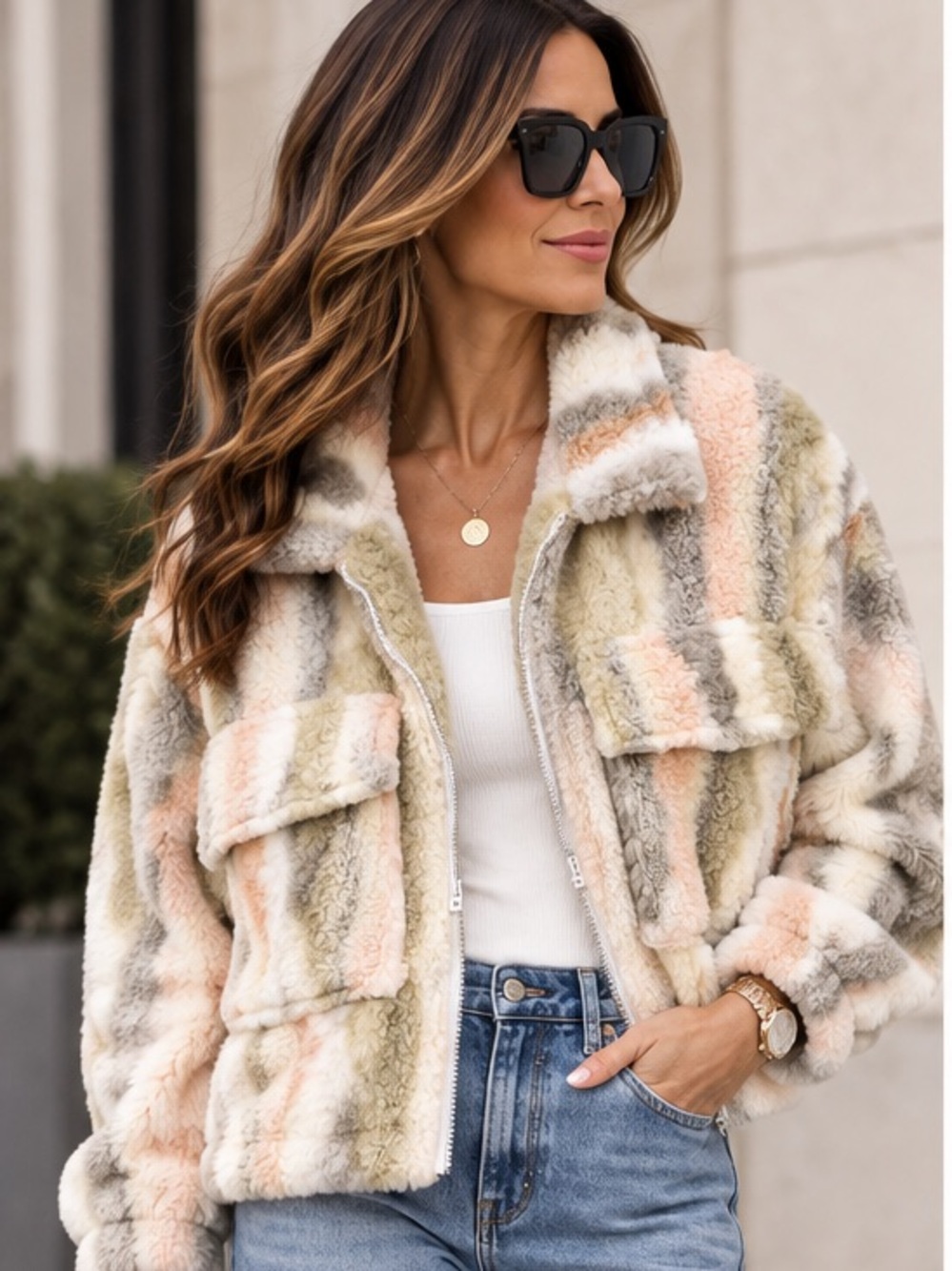 ShopEvelynne Pastel Stripe Teddy Jacket - Cream, Pink & Gray